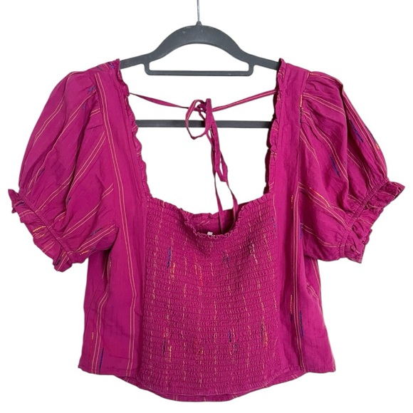 Free People Serotonin Linen Blend Puff Sleeve Embroidered Crop Top Medium - Picture 3 of 5